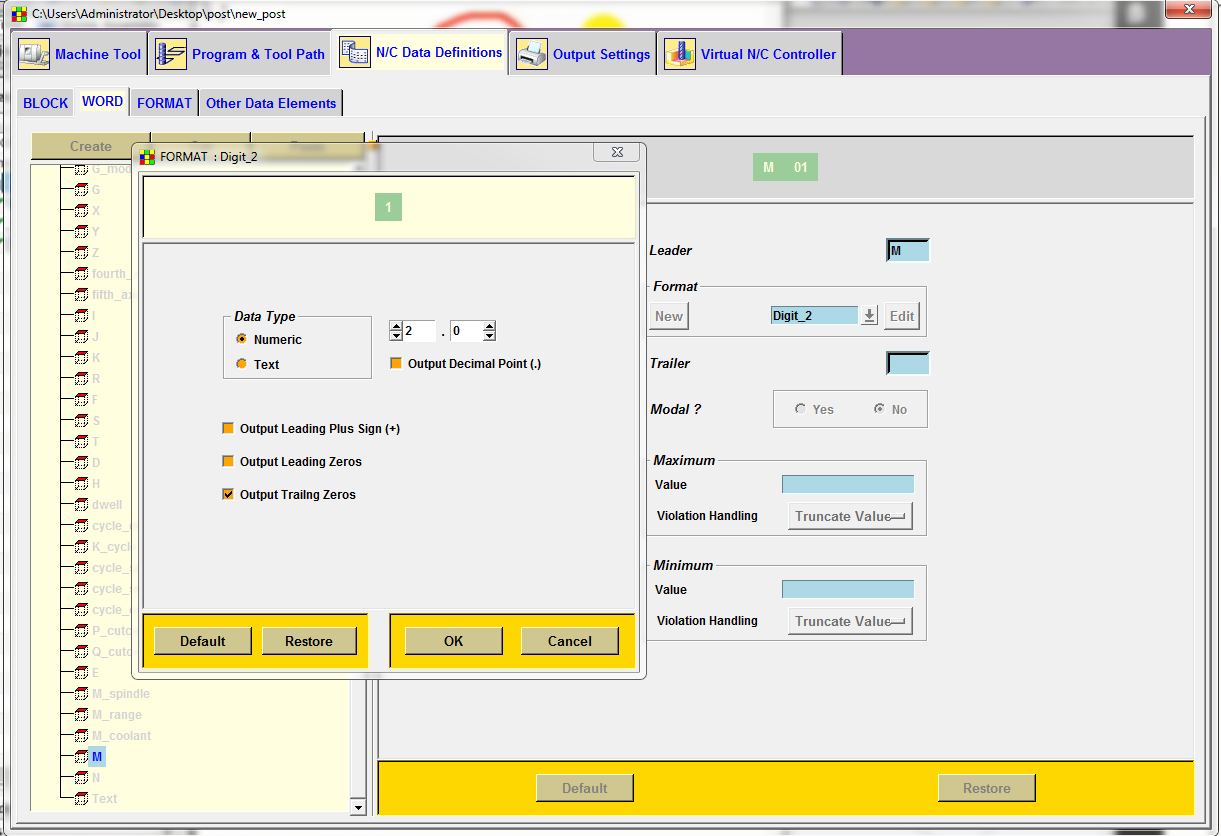 Format Digit_2 của từ M: Leading Zeros không tick, xem trước hiện 1