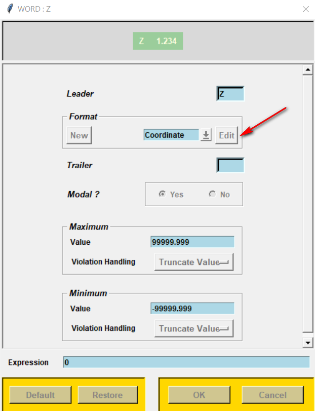 Hộp thoại WORD Z trong Post Builder, mũi tên chỉ nút Edit cạnh format Coordinate