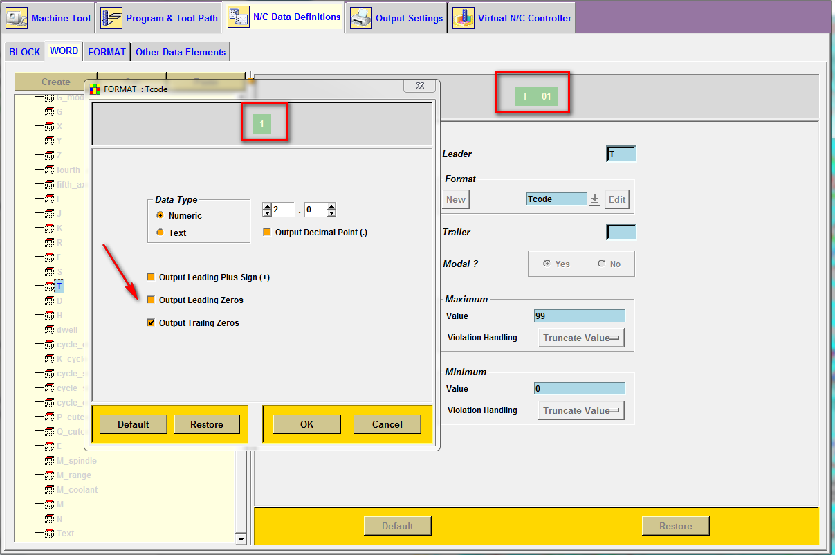 Format Tcode của từ T: mũi tên chỉ Output Leading Zeros đã bỏ tick, xem trước hiện 1, ô từ T vẫn hiện T 01
