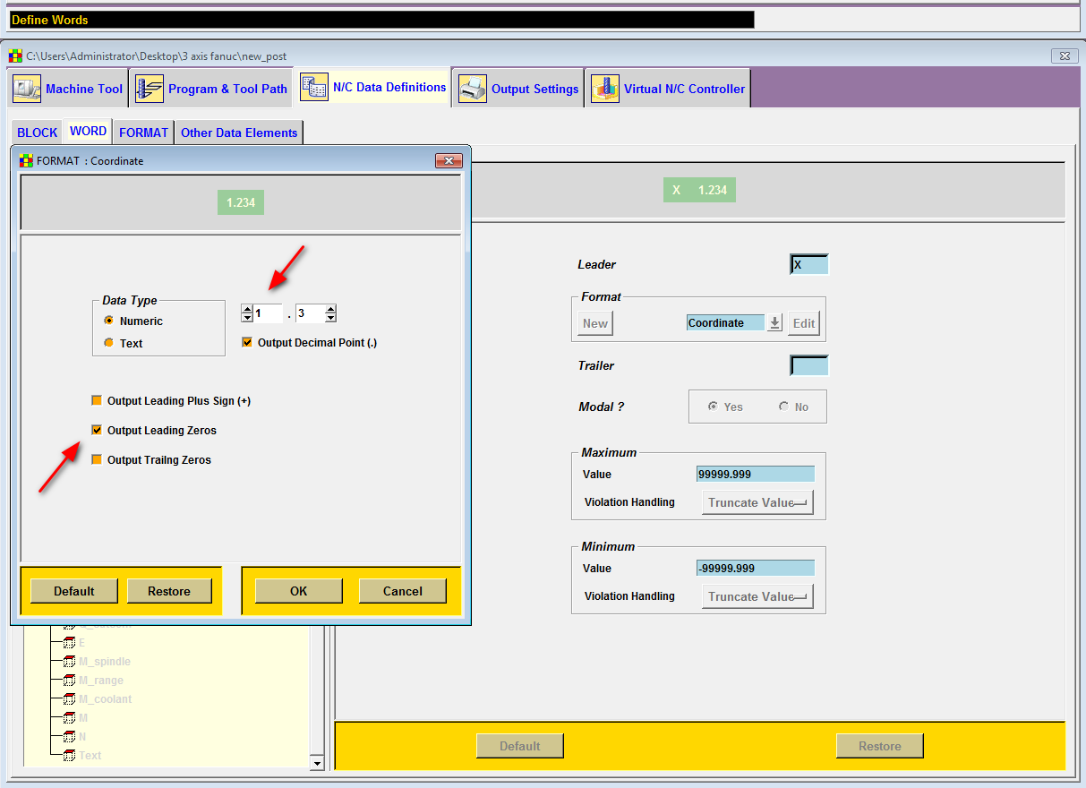 Format Coordinate 1.3 mặc định: Output Decimal Point và Output Leading Zeros đang tick