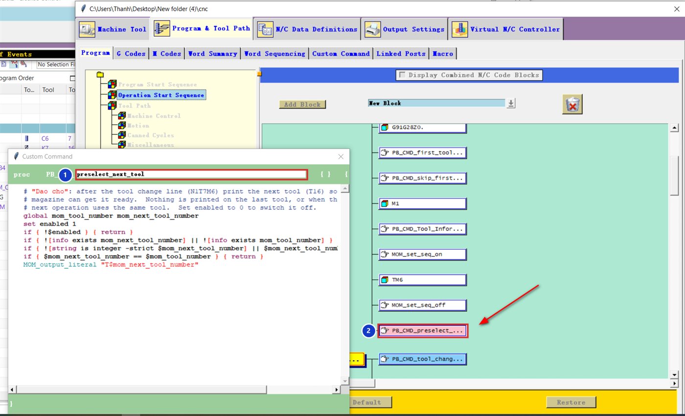 Hộp Custom Command preselect_next_tool và khối PB_CMD_preselect nằm sau MOM_set_seq_off