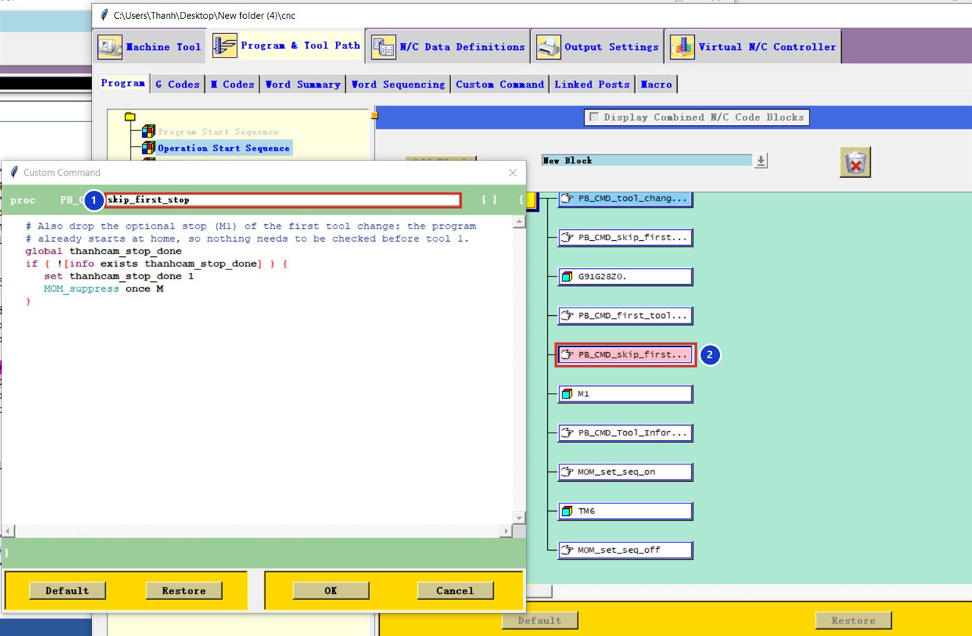 Custom Command skip_first_stop và khối PB_CMD_skip_first nằm ngay trên M1 trong Auto Tool Change