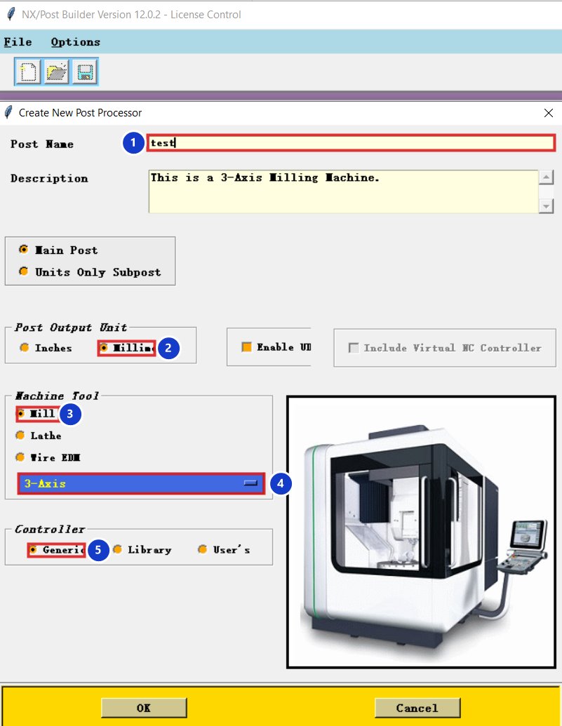 Hộp Create New Post Processor: tên post, Millimeters, Mill, 3-Axis, Generic